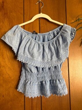 Light Blue Off-Shoulder Ruffled Peasant Top